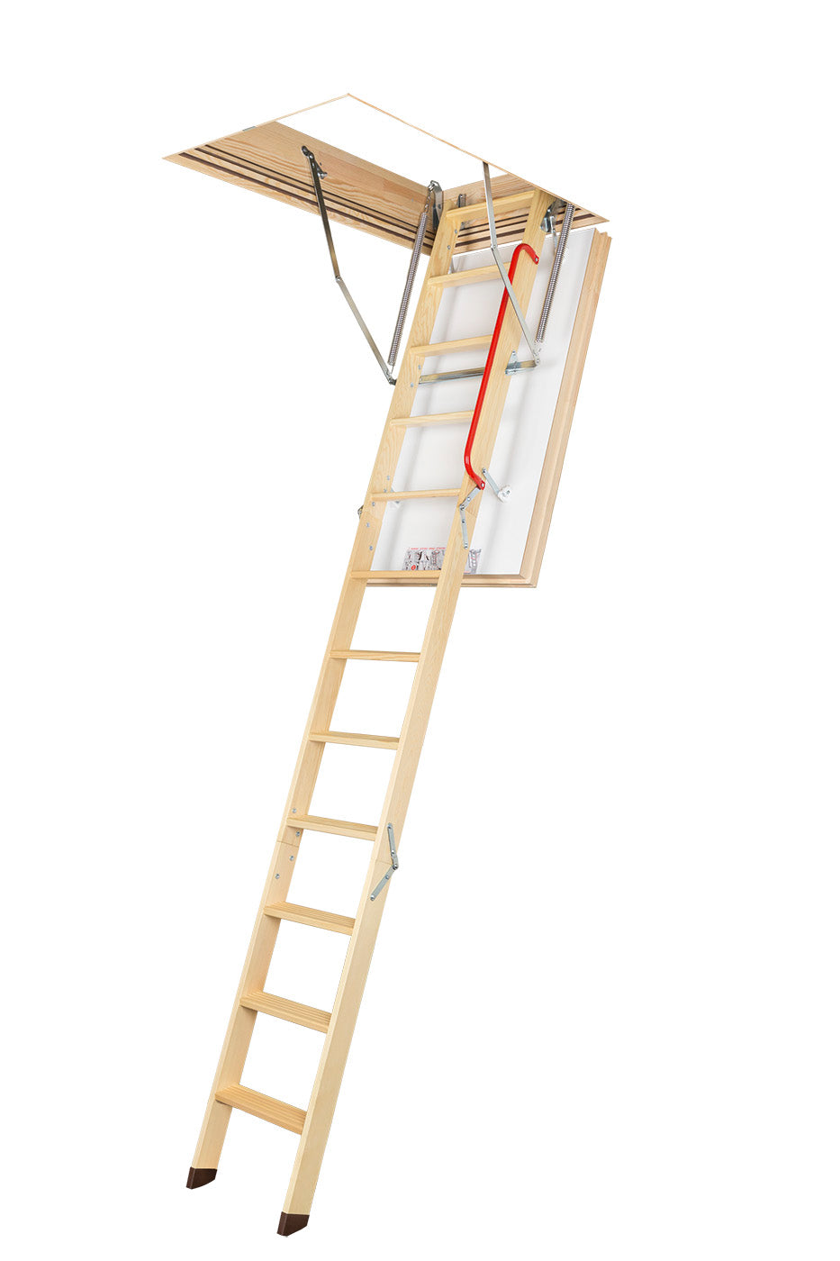 A 4 section folding wooden loft ladder with a white insulated hatch and handrail
