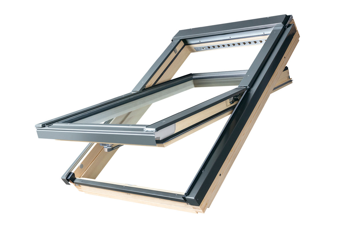A natural pine quadruple glazed centre pivot roof window