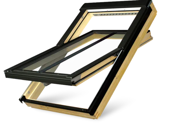 Wooden roof window with black frame