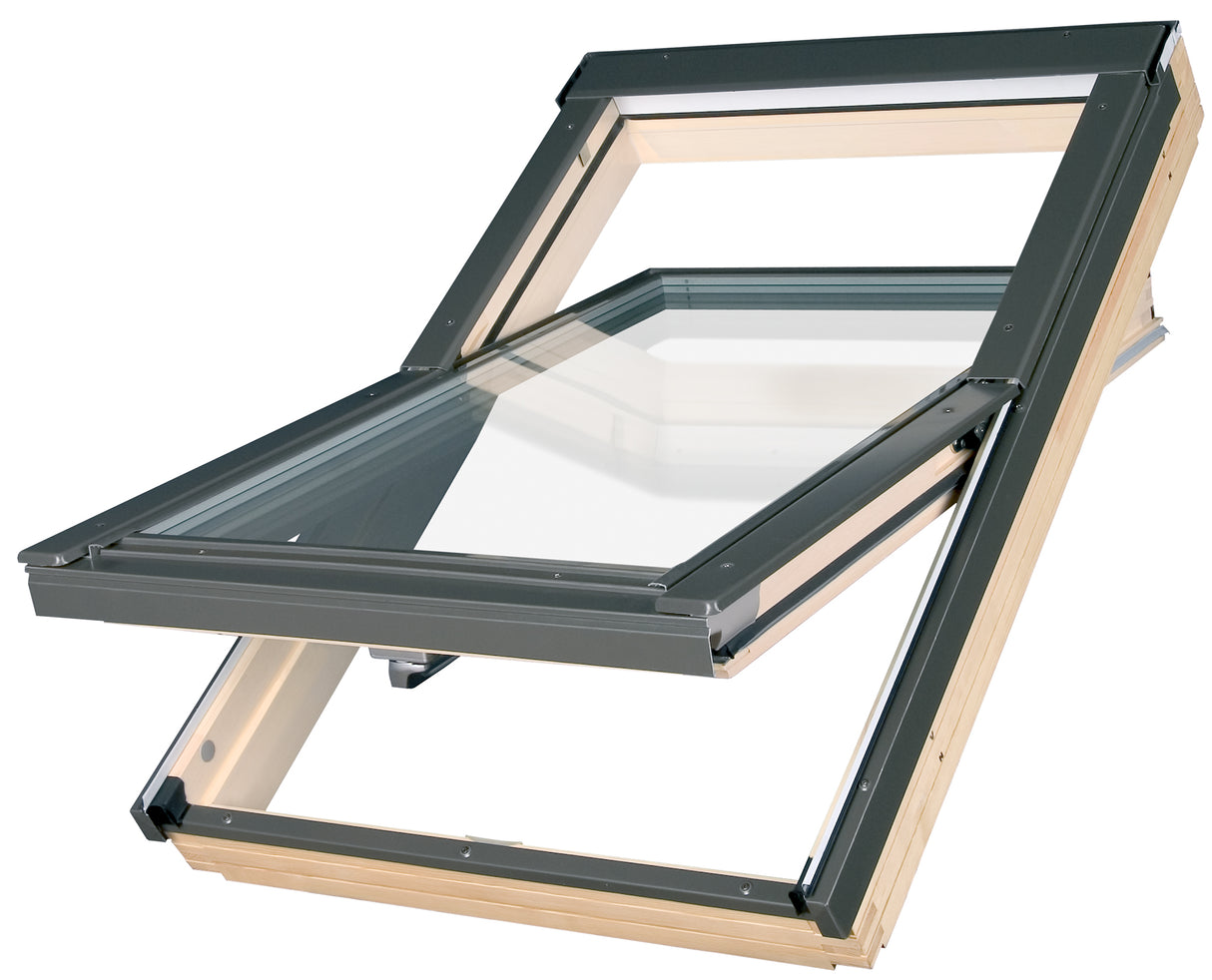 A centre pivot roof window with triple glazed pane and natural pine wood frame