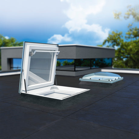 Two domed skylights on a flat roof