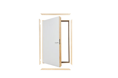 white loft eave door with a wooden architrave lining