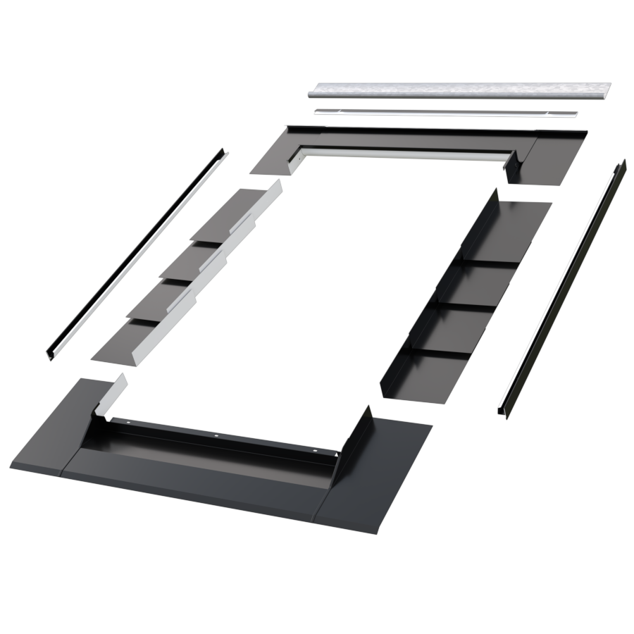 A kit of black recessed conservation style flashing for slate