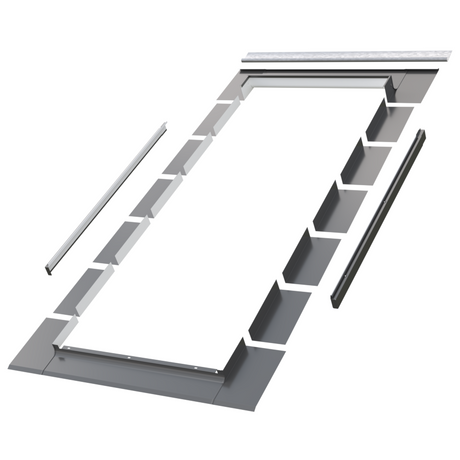 A set of gray metal flashing components for a skylight installation