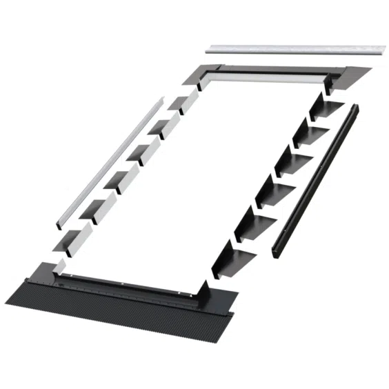 A black conservation style flashing kit for slate roof tiles
