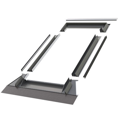 A set of metal flashing components for a skylight installation, displayed on a white background.