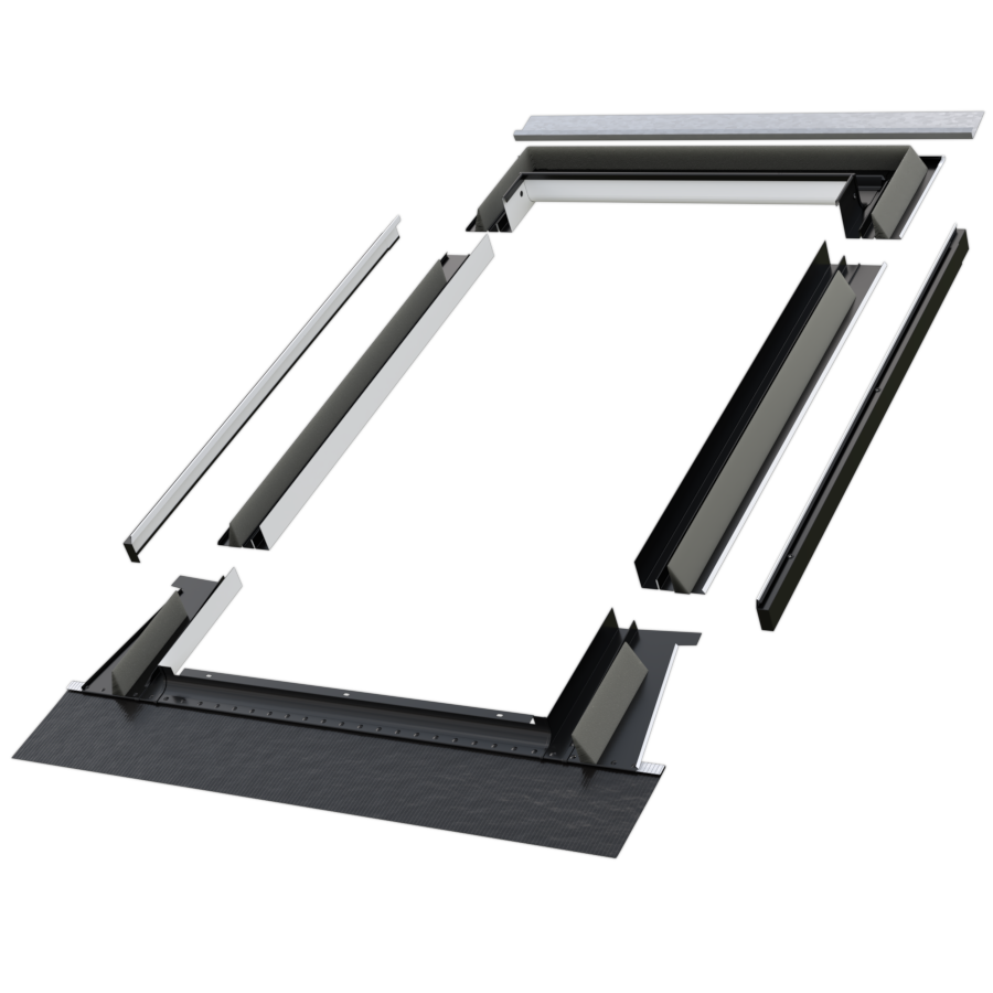 A set of black metal components for a standard depth flashing kit, including strips and a base plate.