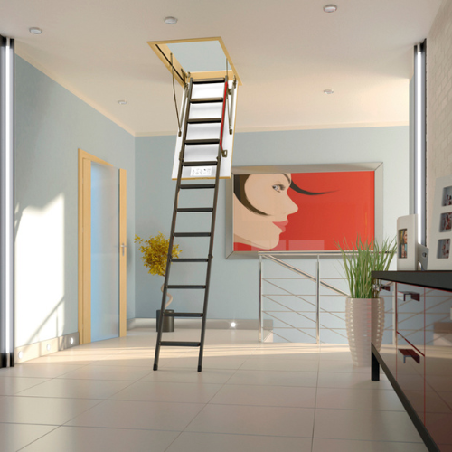 3 Section Metal Folding Loft Ladder in a hall way