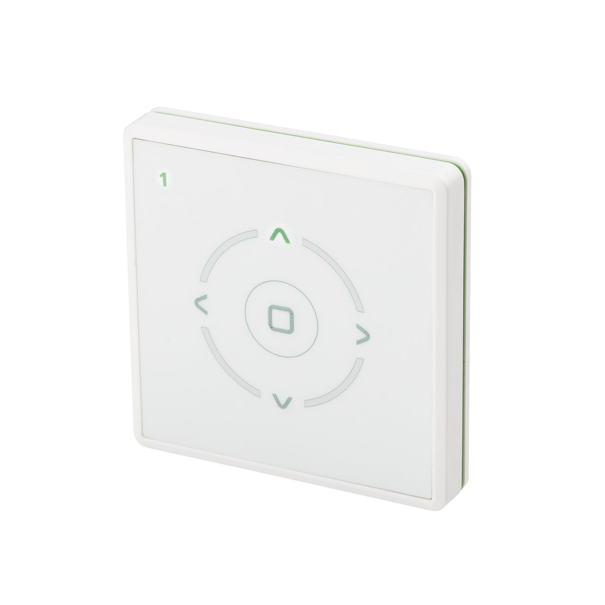 A white, square-shaped wireless Z-Wave wall switch