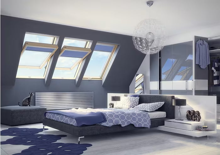 Modern bedroom with windows