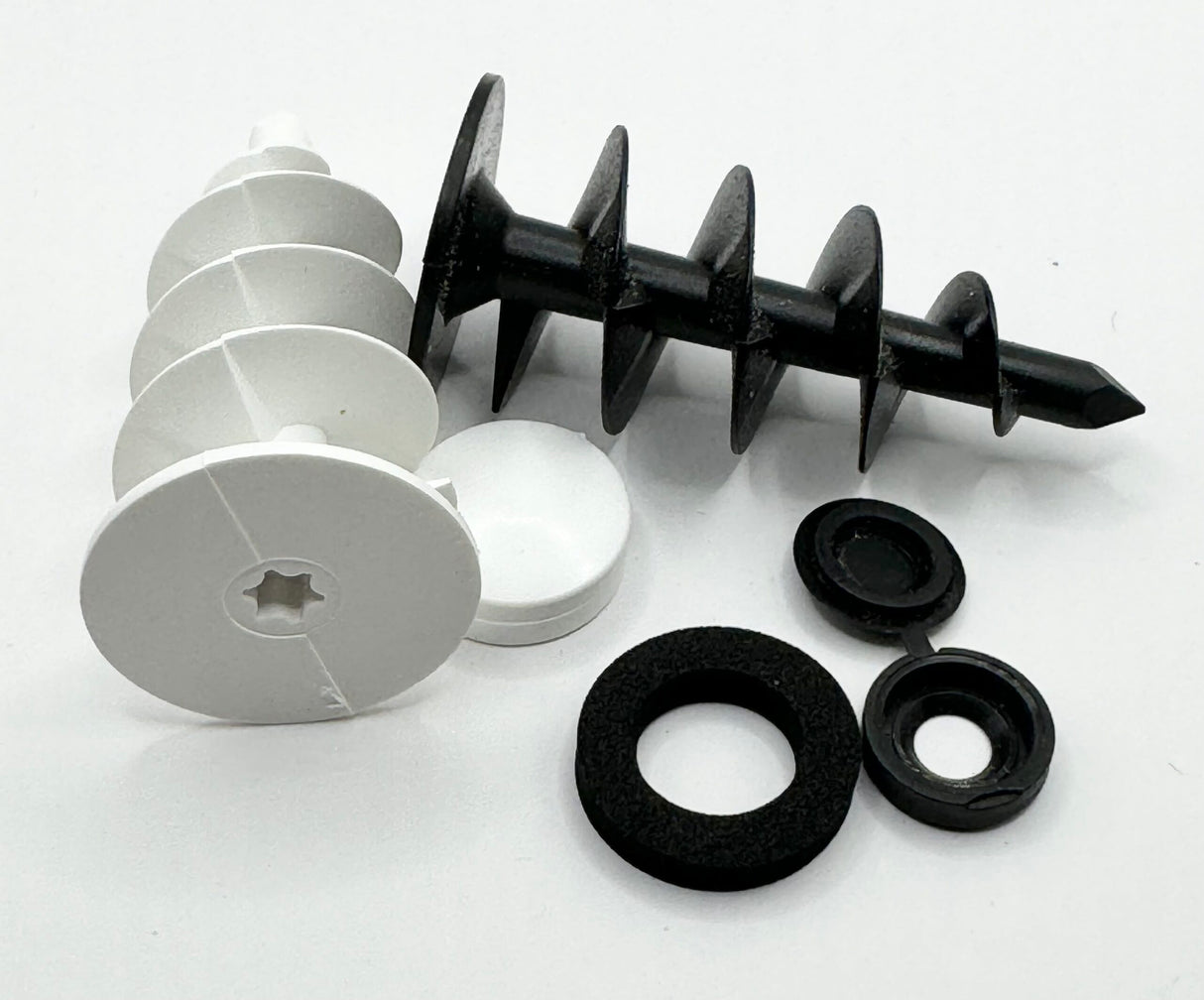 A set of SWIFIX spiral fixings in black and white, including neoprene washers and screw caps.