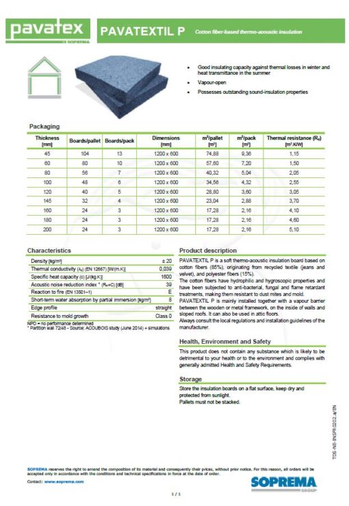 PAVATEXTIL P Thermo-Acoustic Insulation fact sheets