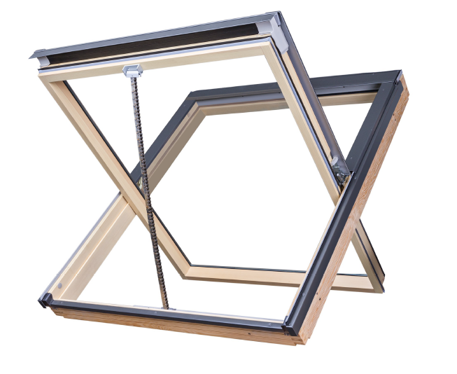 Skylight window with wooden frame and metal accents