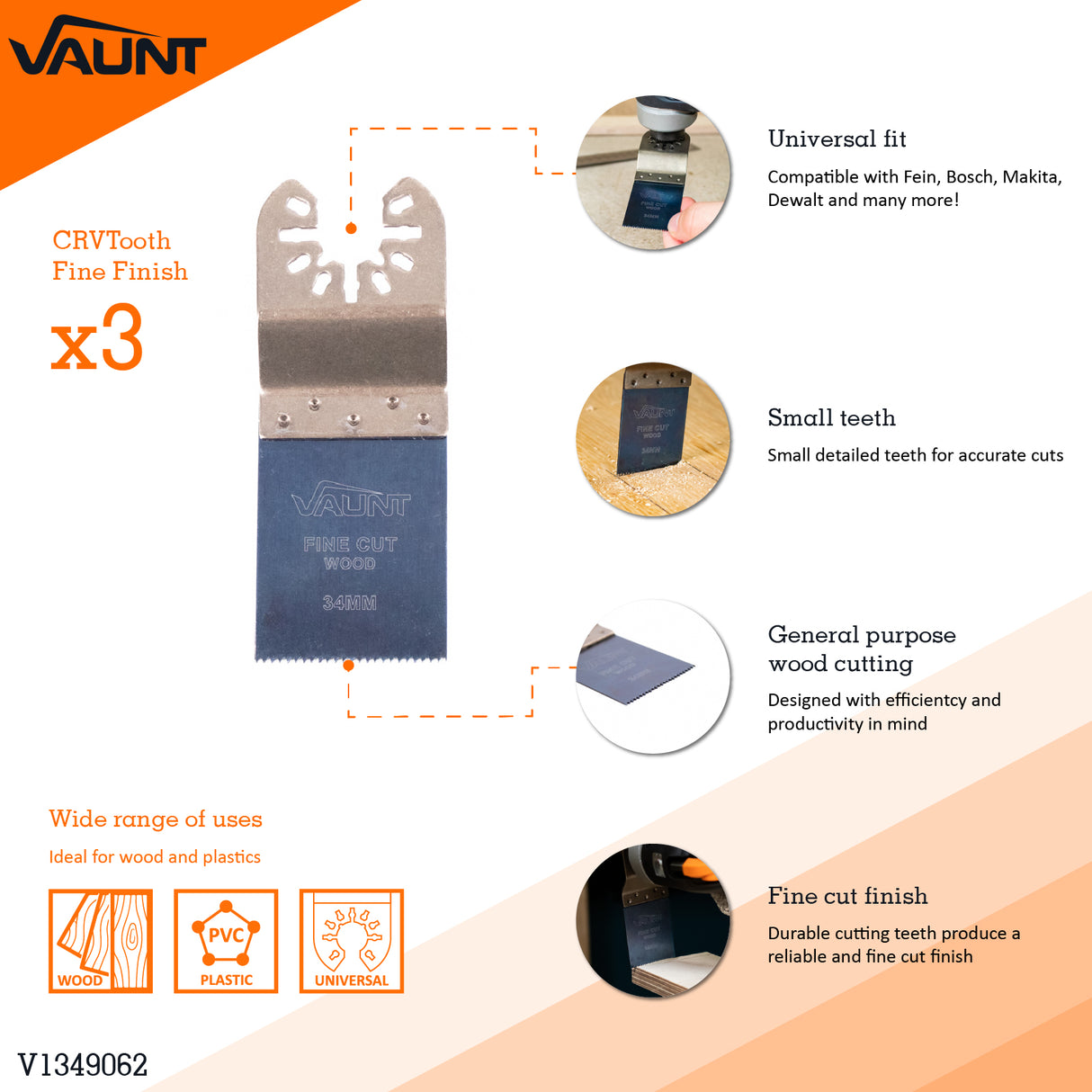 Vaunt Premium 34mm Fine Finish Multi Tool Blade – Pack of 3