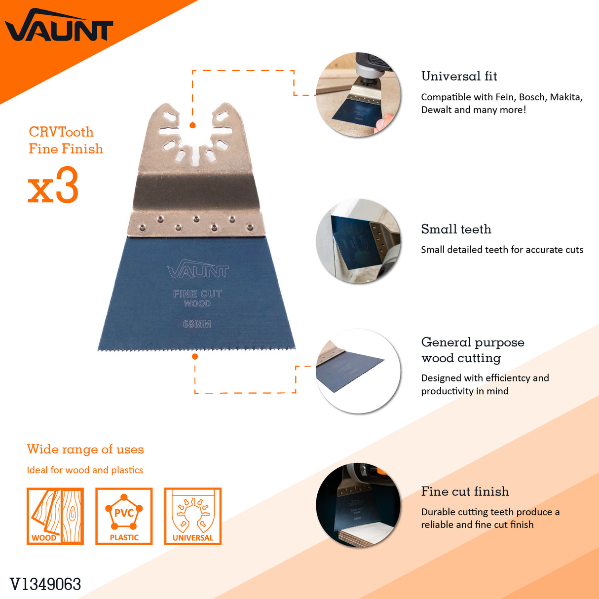 Vaunt Premium 68mm Fine Finish Multi Tool Blade – Pack of 3