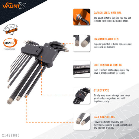 Vaunt - X 9 Piece Metric Ball End Diamond Tipped Hex Key Set